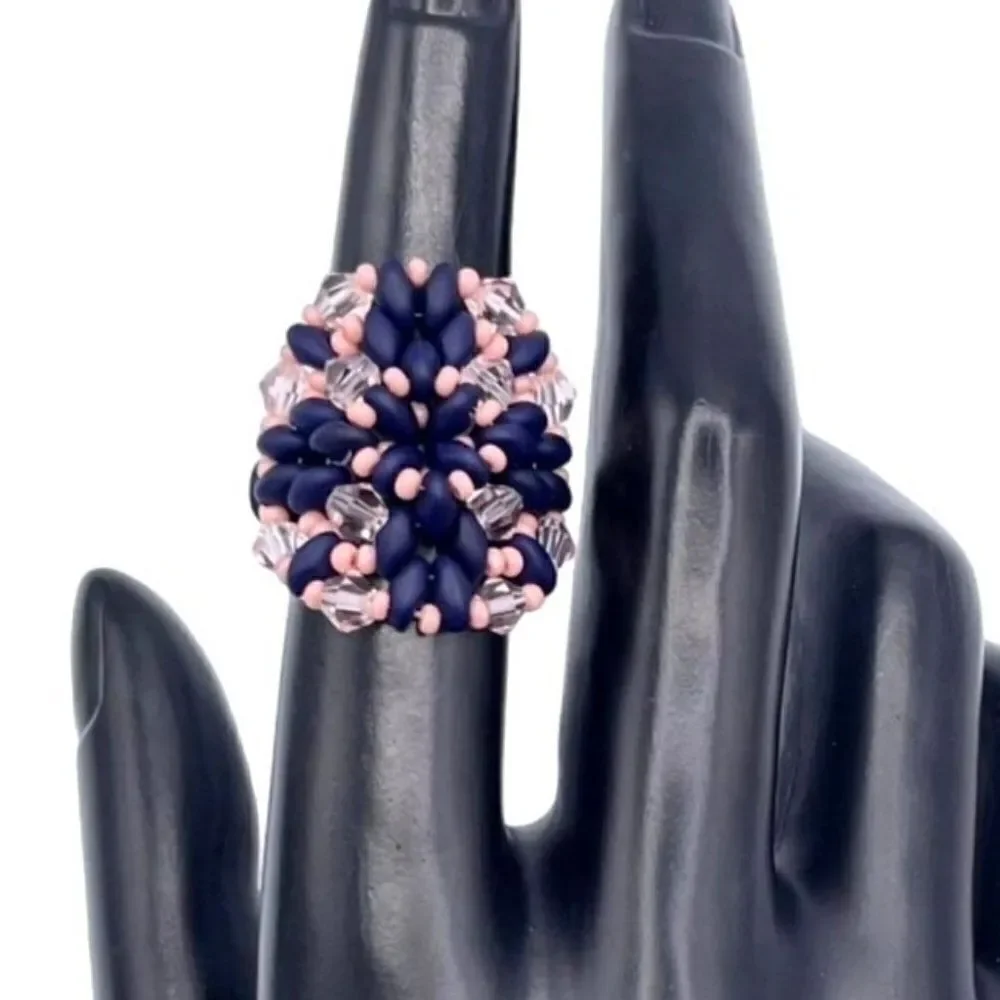 Navy Blue and Light Pink Crystal Beaded Statement Ring Size 5.5
